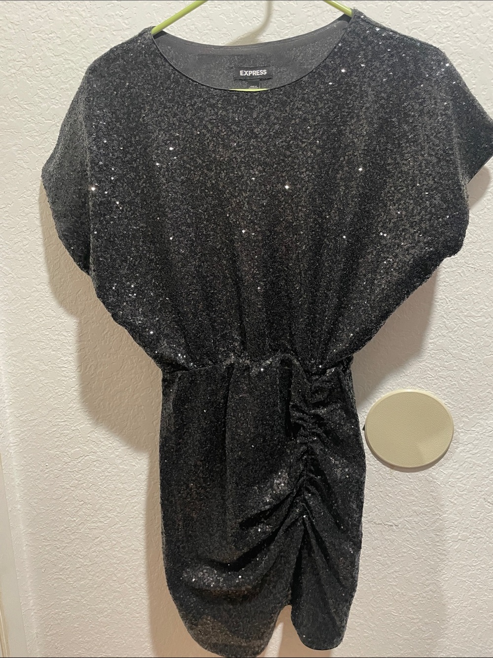 Express Black Sequin Ruched Mini Dress